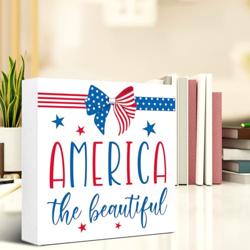 4th of July Independence Day Wood Decor,America the Beautiful Wood Block Sign for Home Bedroom Office Desk Cubicle Decor,July 4th Independence Day Memorial Day Patriotic Decorations