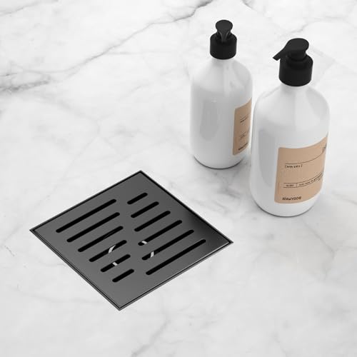 4 Inch Square Shower Drain, EMBATHER 304 Stainless Shower Floor Drain and Shower Drain Cover Included Hair Catcher and Leveling Feet, Black