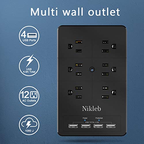 Multiple Plug Outlet Extender Nikleb, Surge Protector 12 Outlets, Plug Extender with 4 USB Ports Shared 4.8A, Wall Outlet Covers with Phone Holder, Charger Block Low Profile, USB Plug Space Saved