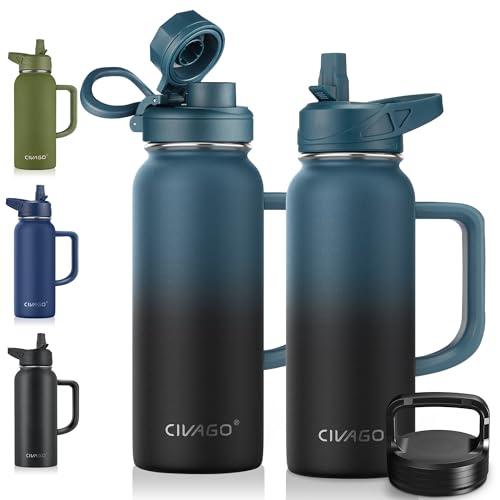 CIVAGO 64 oz Insulated Water Bottle Jug with Straw and Handle, Half Gallon Stainless Steel Water Flask, Large Sports Metal Water Bottle with Straw Lid (3 Lids), Big Thermal Mug Cup, Blue