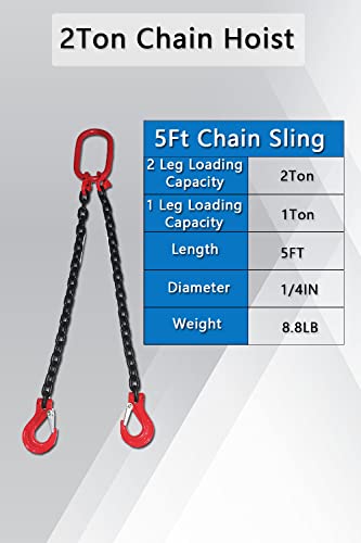 Chain Sling 2/5Inch X 5 Ft 4410lb Double Leg with Sling Hooks Chain Slings Adjusters Grade 80Alloy Steel Engine Chain Hoist Lifts【2 Ton】