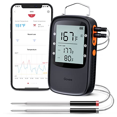 Govee Bluetooth Meat Thermometer, Wireless Meat Thermometer for Smoker Oven, Digital Grill Thermometer with 2 Probes, Timer Mode, Smart LCD Backlight BBQ Thermometer for Cooking Turkey Fish Beef