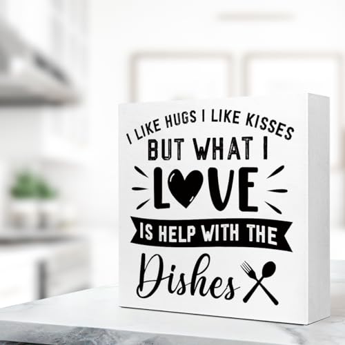 Funny Kitchen Wood Block Signs,I Like Hugs I Like Kissesx Wooden Box Sign for Kitchen Shelf Home Tabletop Desk Decor,Rustic Kitchen Sign Decor