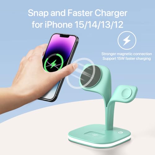 EXW Charging Station, Magnetic Wireless Charger, 5 in 1 Fast Mag-Safe Wireless Charger Stand for iPhone 16,15 14,13,12 Pro/Max/Mini/Plus, Apple Watch 9/8/7/6/SE/5/4/3/2 and Airpods 3/2/Pro/Pro（Green）