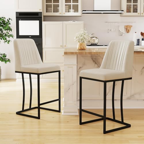 LSSPAID Counter Height Bar Stools Set of 2, 24.8 Inch Modern Upholstered Fabric Kitchen Island Chairs with Backrest and Footrest, Black Metal Leg for Kitchen Counter, Beige