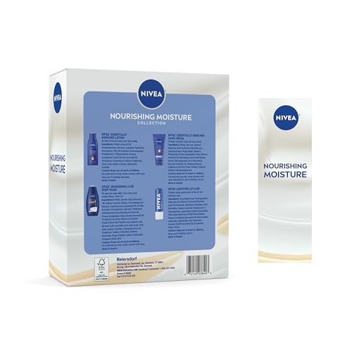 NIVEA Nourishing Moisture Collection Skin Care Set, Nourishing Care Body Wash, 20 Fl Oz Bottle + Body Lotion, 13.5 Fl Oz Bottle + Hand Cream, 2.6 Oz Tube + Moisture Lip Care Balm, 0.17 Oz Stick