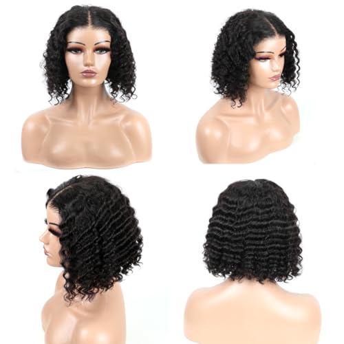 BLY 6x4 HD Lace Glueless Bob Wig Human Hair Ready to Wear and Go Short Bob Lace Pre Cut Wig Deep Wave Hair 10 Inch for Women Pre Plucked Natural Black Color Wet and Wavy