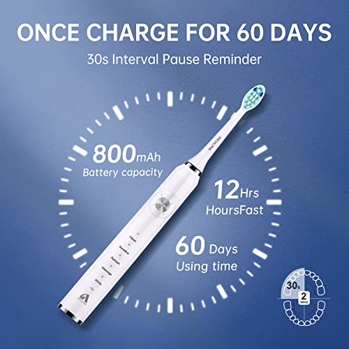 JTF Electric Toothbrush for Adults - Rechargeable Sonic Toothbrush with 6 Brush Heads & Travel Case, Deep Clean 5 Modes, Power Electric Toothbrush with Smart Timer, Black