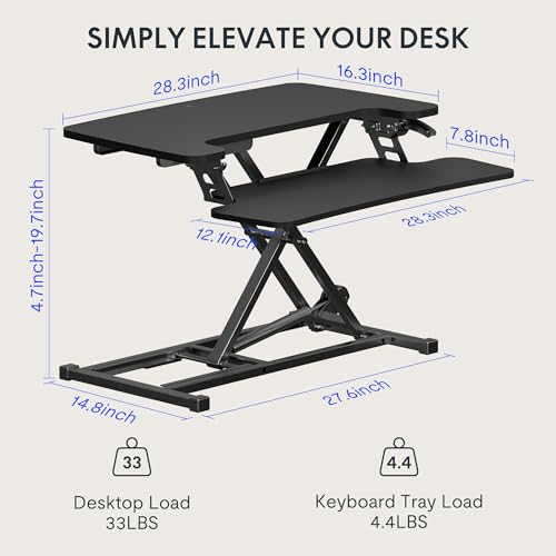 FLEXISPOT 28'' Black Height Adjustable Standing Desk Converter Sit-to-Stand Desk Riser with Wide Keyboard Tray Workstation for Home and Office