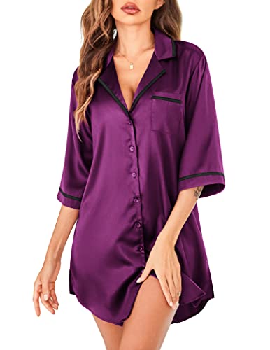 Ekouaer Women's Nightshirt Button Down Satin Nightgown 3/4 Sleeve Sleep Shirts V Neck Sleepwear Notch Collar Pajama Dress Lilac L