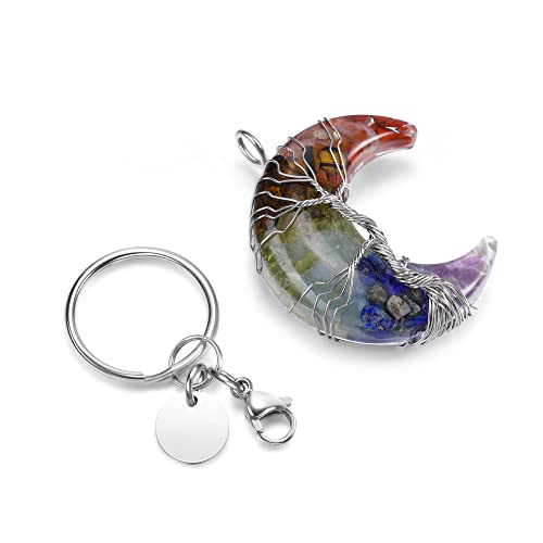 Jovivi 7 Chakra Healing Crystal Keychain Wrapped Crescent Moon Quartz Gemstone Pendant Resin Crystal Keyring for Women Mothers Day Gifts