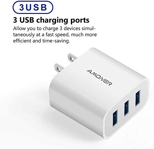 Amoner USB Wall Charger, 2Pack Upgraded 15W 3-Port USB Charging Blocks iPhone Plug Adapter Wall Charger Cube for iPhone 14 13 12 11 Pro Max 10 SE X XS 8 Plus Galaxy S22 S21 S20 Android Phones