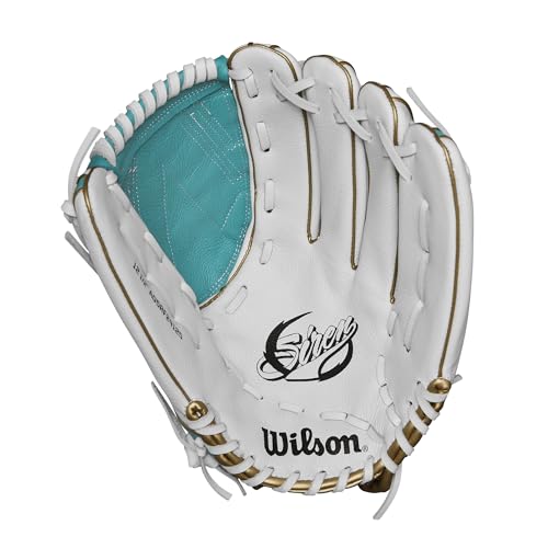 Wilson 2024 A500™ Siren™ 12.5” Youth Outfield Fastpitch Softball Glove - Right Hand Throw, White/Teal/Metallic Gold