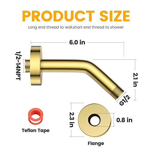 YASFEL Brushed Gold Shower Arm 6" Shower Extension Arm Pipe with Flange and Teflon Tape for Shower Head & Handheld Shower Head(SUS 304, Brushed Gold,NPT)