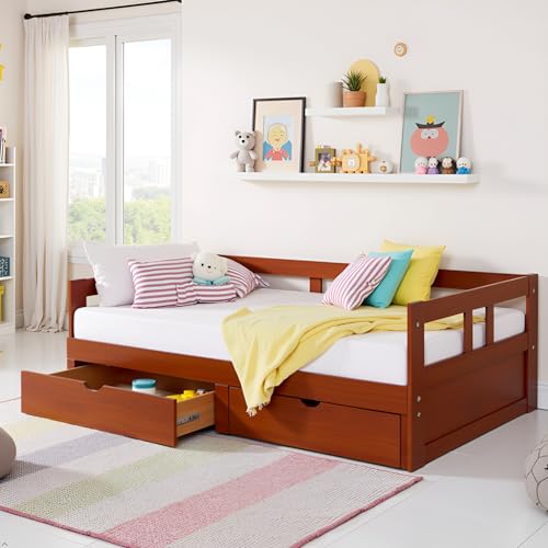 Alaterre Furniture Melody Extendable Daybed Frame with Trundle and Storage Drawers, Brazilian Pine Wood King-Size Bed for Kids Bedroom Furniture, 200 Pound Capacity, Multiple Finish Options