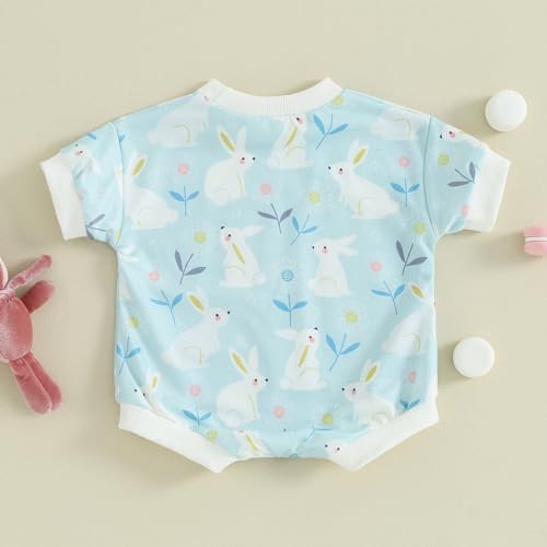 Infant Baby Girl Boy Easter Outfit Cute Bunny T Shirt Romper Oversized Bubble Onesie Floral Short Sleeve Bodysuit (Blue White Rabbit Print, 0-3 Months)