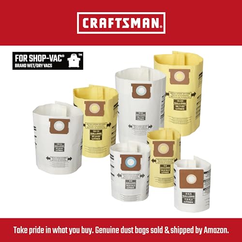 CRAFTSMAN CMXZVBE38774 General Purpose Wet Dry Vac Dust Collection Bags for Most 2 to 2.5 Gallon Shop Vacuums, Collects Dry Only Debris, Reduces Cleanup Time, 3-Pack
