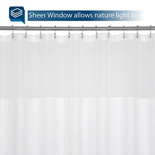 Barossa Design Long and Wide Fabric Shower Curtain with Sheer Window 78 x 78 inch, Waffle Weave, Hotel Grade, 230GSM Heavyweight, Water Repellent, Machine Washable, White, 78x78
