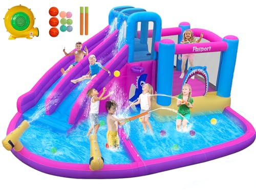 Inflatable Bounce House Water Slide Park, Double Slide Bouncer Castle with Climbing Wall, Bouncy Castle with 550W Air Blower for Indoor Outdoor Play Backyard