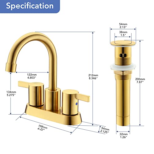 Brushed Gold 4 Inch 2 Handle Centerset Lead-Free Bathroom Faucet, Swivel Spout with Copper Pop Up Drain and 2 Water Supply Lines, BF015-1-BG