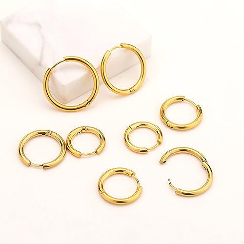 TOLOWOBK Small Gold Hoop Earrings Set for Women 14K Gold Plated Huggie Hoop Earrings 4 Pairs Mens Hypoallergenic Earrings 8mm to 14mm Lightweight Cartilage Multiple Body Piercing Jewelry Gifts