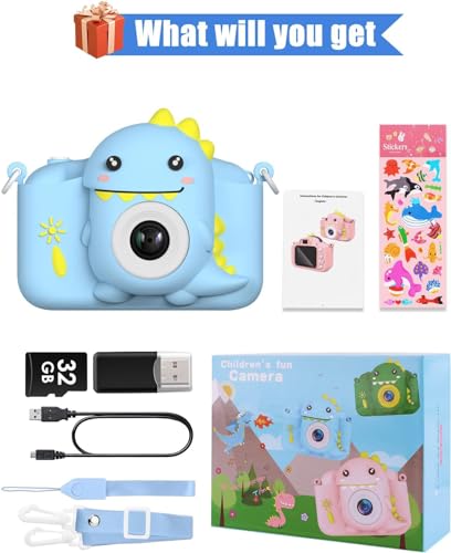 Kids Dinosaur Camera for 3-8 Years Old Toddlers Childrens Boys Girls Christmas Birthday Gifts Selfie Digital Toy Camera with 32GB Card Purple