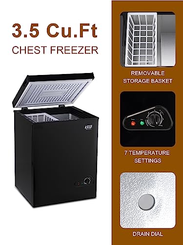 KRIB BLING Mini Chest Freezer 3.5 Cu.Ft 7 Gears Temperature Control Compact Deep Freezer with Top Open Door and Removable Storage Basket Black