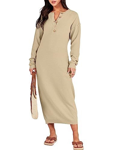 ANRABESS Women Long Sleeve Button V Neck Oversized Casual Loose Fit Waffle Knit Fall Midi Sweater Dress 2024 Trendy Outfits Green Large