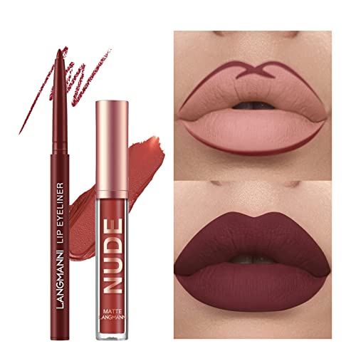 LANGMANNI 6 Matte Lipstick with 6 Lipliners Durable Makeup Set,Long-Lasting Non-Stick Cup Not Fade Waterproof Pigmented Velvet Lipgloss Kit Beauty Cosmetics Makeup Gift for Girls (#A)