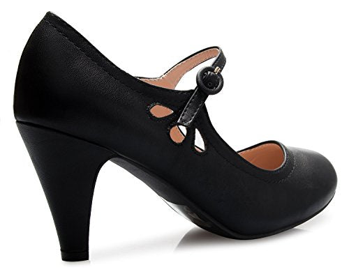 OLIVIA K Women Kitten Heels Mary Jane Pumps - Adorable Vintage Shoes- Unique Round Toe Design With An Adjustable Strap,7 B(M) US,Black
