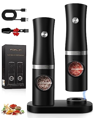 FORLIM Rechargeable Electric Salt and Pepper Grinder Set with Charging Base, Automatic Pepper Mill, Adjustable Coarseness, White LED Light, USB Type-C Cable, One Hand Operation, 2 Mills