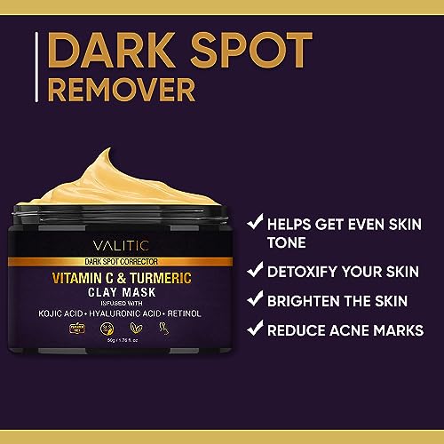 VALITIC Vitamin C & Turmeric Clay Mask - Dark Spot Corrector with Kojic Acid, Hyaluronic Acid & Retinol - Skin Care Routine for Minimizing Pores & Blackheads - with Applicator Brush - 50g