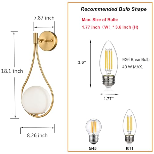 HOLKIRT Mid-Century Globe Wall Sconce Lamp Modern Vanity Wall Light Fixture Brass Finish