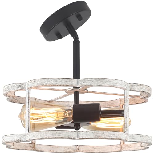 Semi Flush Mount Ceiling Light, Sloped Nursery Ceilings Lights Fixture White Farmhouse 2-Light Dining Room Fixtures, Adjustable Height Lighting for Kitchen, Entryway, Hallway, Foyer