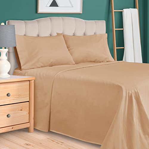 Superior Egyptian Cotton 300 Thread Count Bed Sheet Set, 1 Elastic Deep Pocket Fitted Sheets, 1 Flat Sheet, 2 Pillowcases, Soft Bedding, Luxury Sheets, Sateen Weave, King, Tan