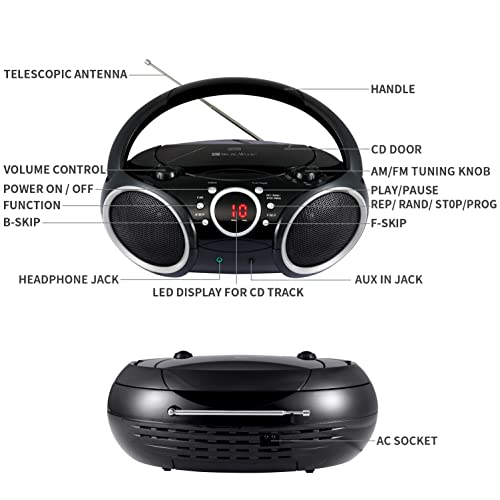 SINGING WOOD 030C Portable CD Player Boombox AM FM Analog Tuning Radio, Aux Line in, Headphone Jack, Foldable Carrying Handle (Black with a Touch of Grey Rims)