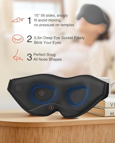 MABAO Sleep Mask, Eye Mask for Sleeping, Women Men Side Sleeper, 3D Contoured Cup No Eye Pressure 100% Blocking Light Sleeping Mask with Adjustable Strap Blindfold Yoga, Traveling, Nap, Black