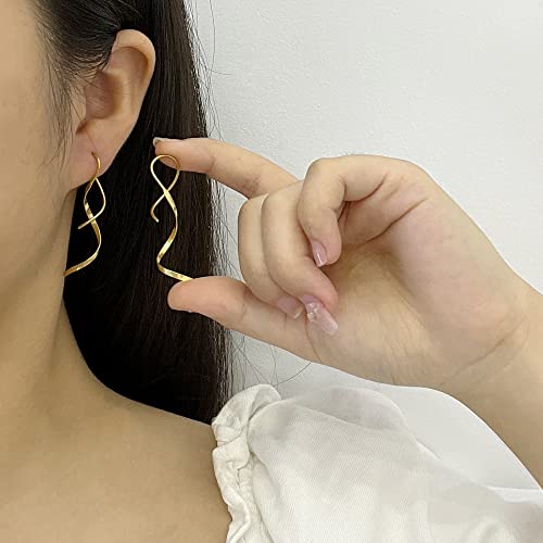 14K Gold Spiral Threader Earrings Handmade Sterling Silver Curve Dangling Drop Pull Through Earrings