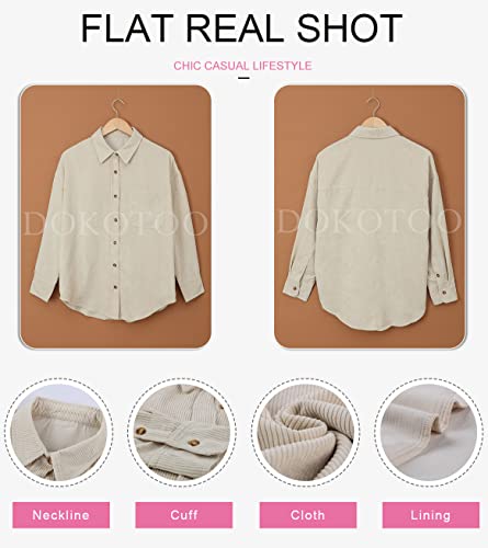 Dokotoo Long Sleeve Shirts for Women Hot Pink V Neck Turn Down Collared Button Down Corduroy Shirt Tops Comfy Solid Shacket Jacket Clothing for Women Outwear Rose M