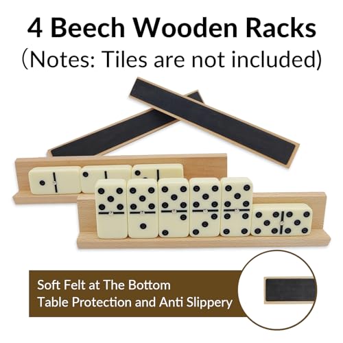 4 Wooden Trays/Racks for Dominoes Set for Adults, Double 6 Dominos Set Holders 4 Beech Wood Racks for Tiles Game Classic Board Game