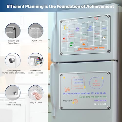 Acrylic Magnetic Calendar for Fridge and Wall, 16”x12” Monthly and Weekly Dry Erase Board with 8 Markers and Free Accessories (2 Pack)