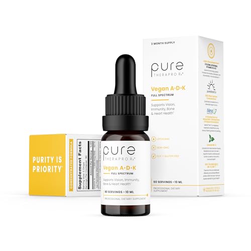 Pure TheraPro Rx Vegan A-D-K Drops - 3 Month Supply - Vitamin A (Palmitate & Betacarotene), Liposomal Vitamin D3 (Pureshine), Liposomal Vitamin K2 (MK-4 & MK-7) Supports Immunity & Bone Health - 10 mL