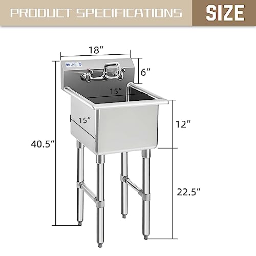 HALLY Commercial Stainless Steel Sink 1 Compartment NSF Prep & Utility Sink with 8" Faucet 15" L x 15" W x 12" D Bowl for Bar, Restaurant, Kitchen, Hotel and Home