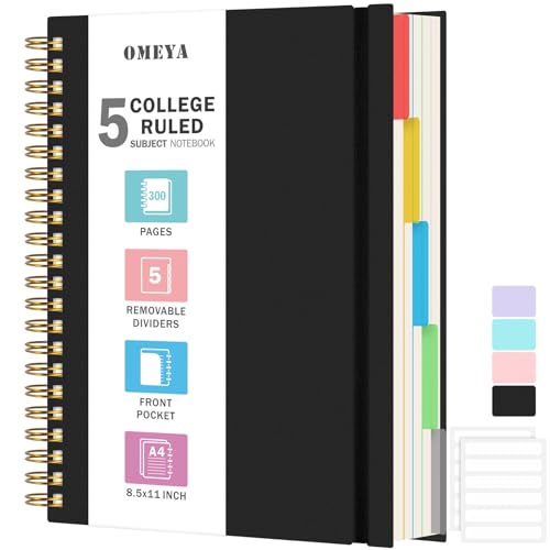 Spiral Notebook 8.5" x 11", 5 Subject Notebooks College Ruled with Removable Dividers, 300 Pages 100GSM Thick Spiral Writing Journal for Women & Men, Large A4 Lined Journal Notebooks for Work, School