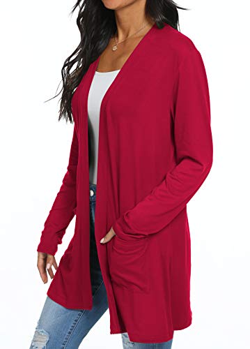 QIXING Women's Casual Lightweight Cardigan Long Sleeve Soft Draped Ruffles Open Front Cardigan Purple Red-M