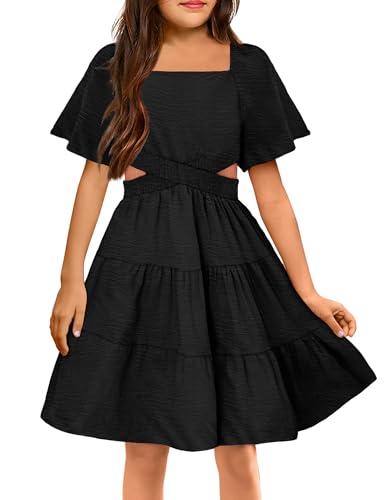 Arshiner Girls Dresses Square Neck Cut Out Shirred Ruffle Hem Funeral Semi Formal Black Dress Size 5-6