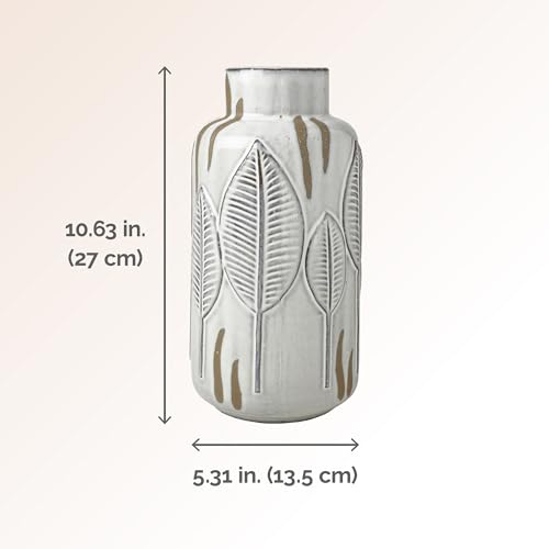 Mikasa Embossed Leaves White and Beige Ceramic Vase, 5.31x5.31x10.63 Inch