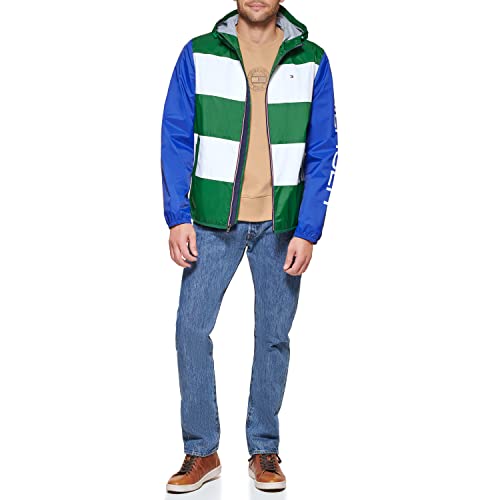 Tommy Hilfiger Men's Color Block Logo Rain Slicker, Green/White/Blue, Small