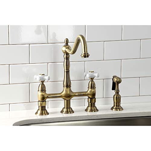 Kingston Brass KS1273PXBS Kitchen Bridge Faucet with Side Sprayer, Antique Brass