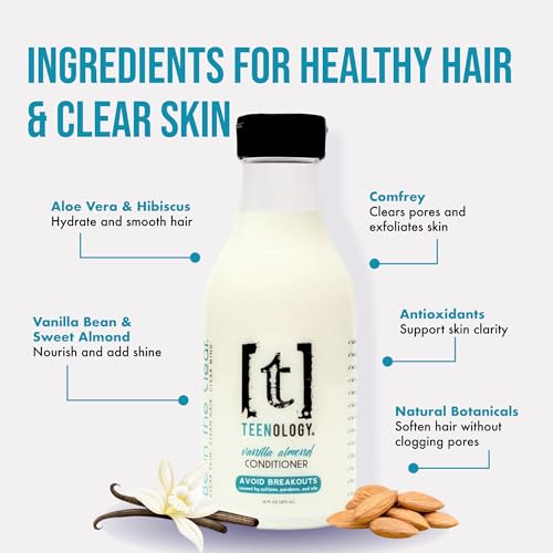 Teenology Conditioner for Teens - Avoid Forehead and Body Acne - Sulfate and Paraben Free, Noncomedogenic, Natural Botanical Extracts, Vanilla Almond - 16 oz.